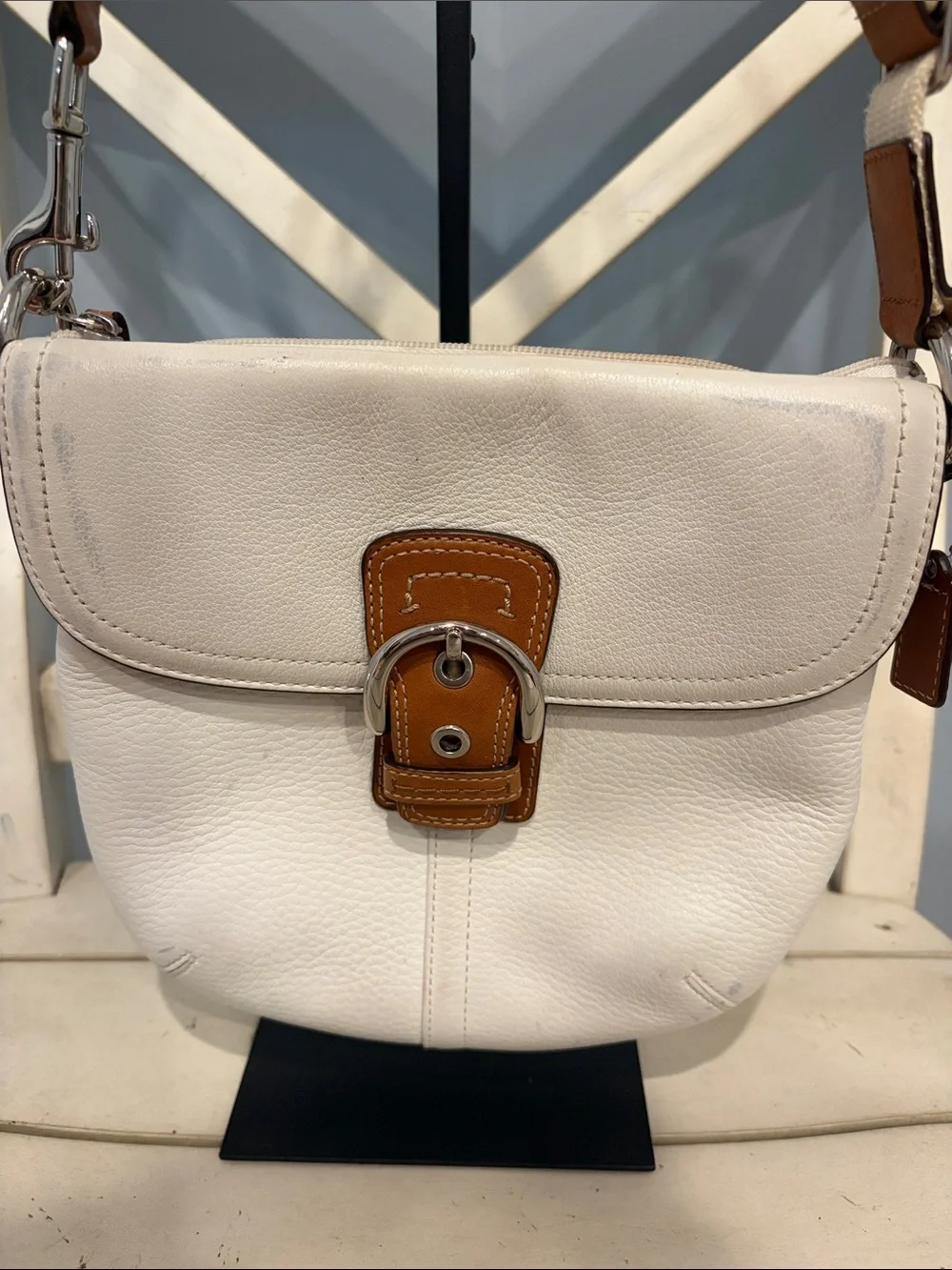 Coach SoHo Leather Crossbody Bag in Cream with Brown Trim